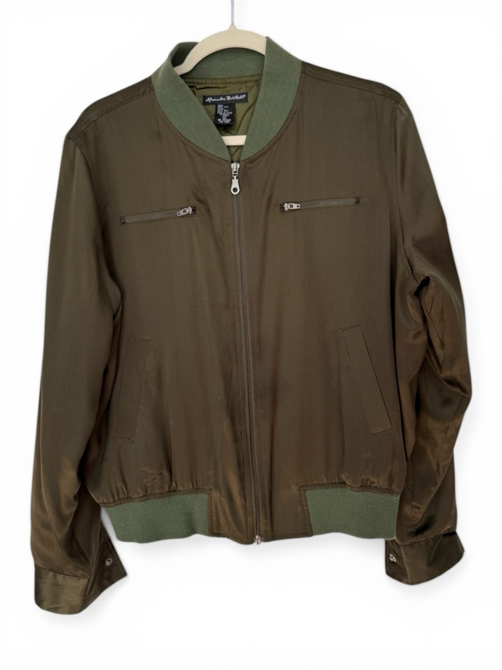 Vintage Alexandra Bartlett Olive Silk Bomber Jacket 90s Mint Condition Size M